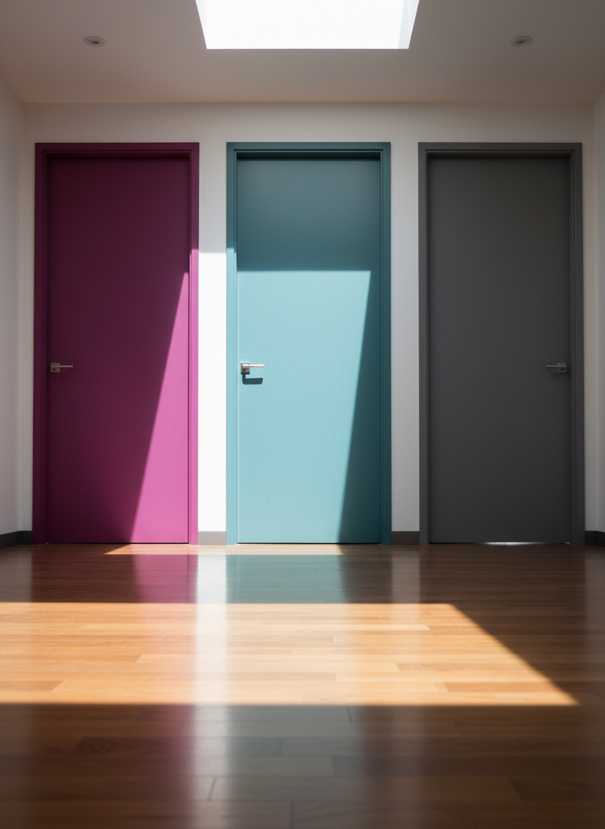 A minimalist hallway scene shows three closed doors, each painted a different confident shade: deep magenta, rich teal, and soft charcoal gray. At the end of the corridor, a bright rectangle of daylight suggests an open, future possibility beyond the frame. The smooth, matte texture of the doors contrasts with the polished wooden floor, where light from a high skylight creates defined, directional patterns. The composition symbolizes choices, boundaries, and new paths explored in therapy. Photographic realism, shot from a low, centered perspective, using strong leading lines that pull the viewer’s gaze forward, creating a bold, contemplative mood suited to navigating life transitions and decisions.
