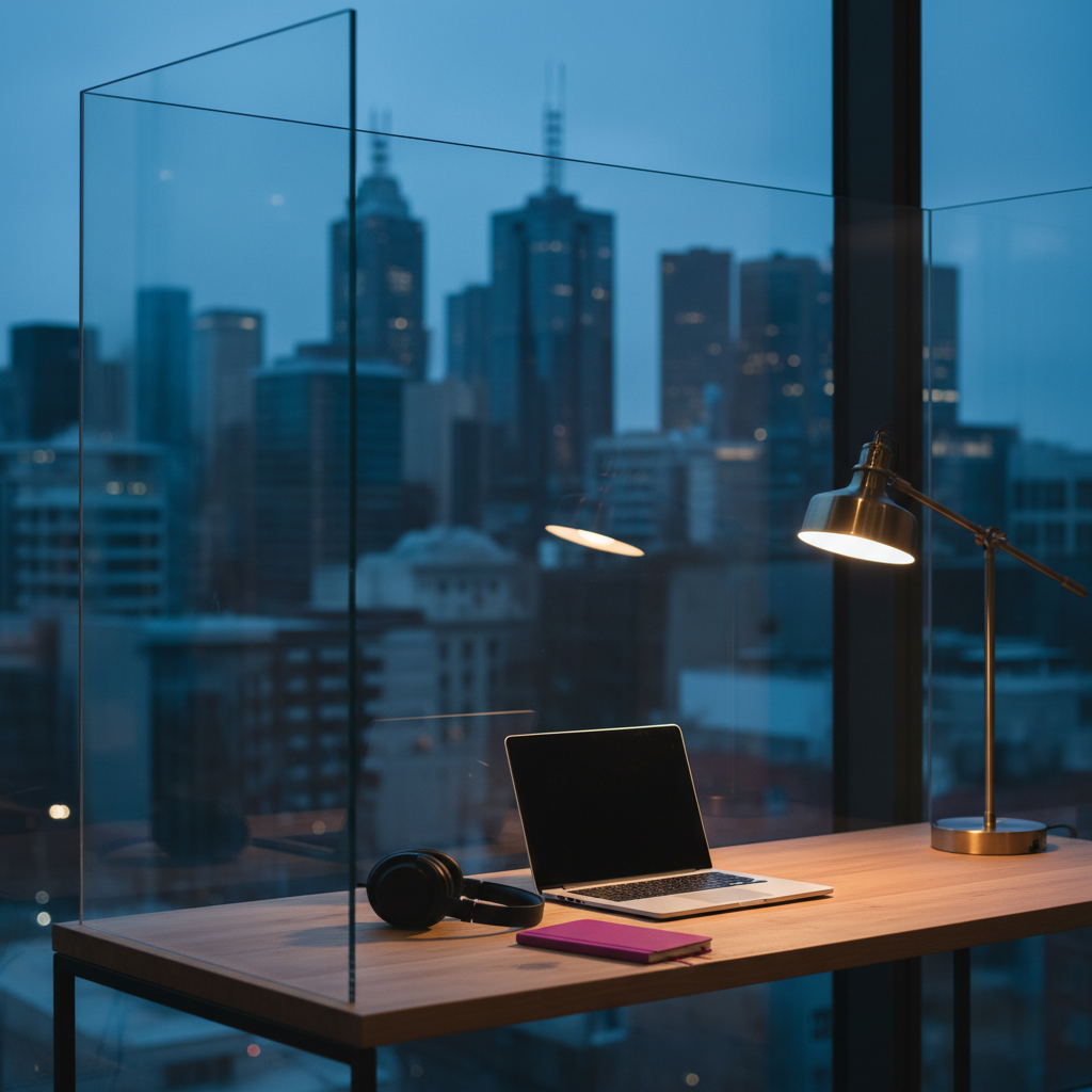 A sturdy, transparent glass wall stands between a calm, organized workspace and a softly blurred city skyline resembling Melbourne’s high-rises at dusk. On the desk, a slim laptop and noise-cancelling headphones rest neatly beside a small magenta notebook, symbolizing clear boundaries and focused attention in online psychotherapy. Cool blue evening light from the window contrasts with a warm desk lamp, creating a dynamic, balanced interplay of tones. The atmosphere feels bold yet contained, reinforcing emotional safety. Shot at a three-quarter angle with photographic realism, the composition uses the rule of thirds to highlight the transparent barrier and workspace, suggesting healthy separation between personal and external worlds.