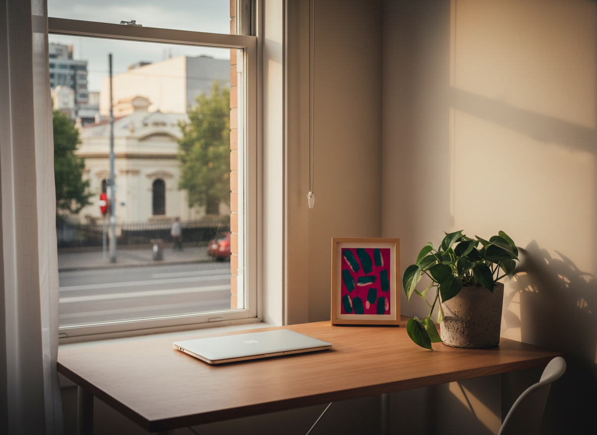A small, carefully curated corner of an apartment features a compact desk facing a window, suggesting a personal therapy space for someone living away from home. On the desk, a laptop, a framed abstract artwork in bold magenta and deep teal, and a single leafy plant in a concrete pot create a sense of grounded confidence. Outside the window, an out-of-focus urban streetscape hints at Melbourne. Soft golden hour light streams in, casting long, comforting shadows across the desk and wall. The mood is introspective yet empowered, symbolizing building inner boundaries and self-trust. Photographic realism, composed using the rule of thirds, with a gentle vignette drawing attention to the desk area.
