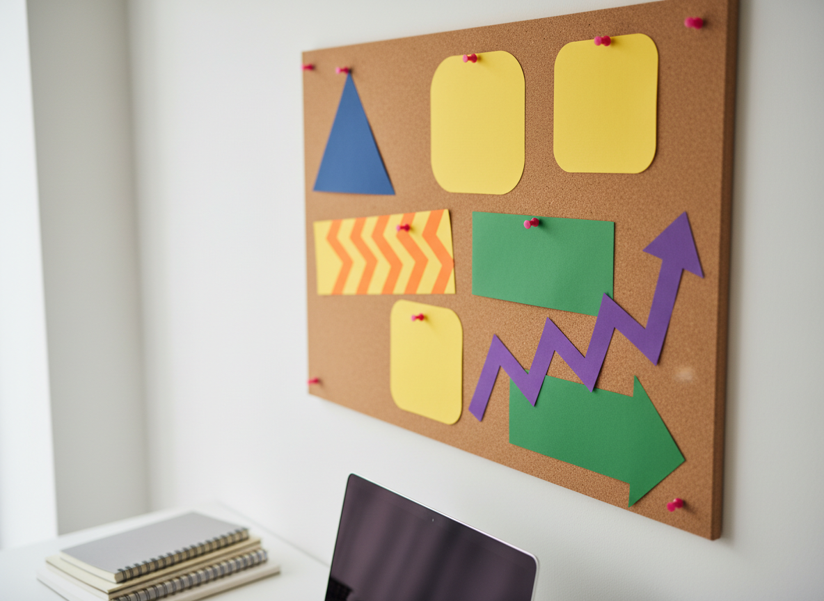 A close-up of a cork inspiration board mounted above a simple workstation shows a series of overlapping, colorful geometric shapes and arrows, standing in for goals, boundaries, and growth plans instead of written words. Small magenta pins firmly secure each element, emphasizing stability and structure in psychotherapy work. Below, the edge of a slim laptop and a tidy stack of notebooks suggest active online sessions and reflections. Diffused daylight from an unseen window provides even, soft illumination, minimizing harsh shadows and creating a calm yet purposeful atmosphere. Photographic realism, shot from a slightly angled perspective, with shallow depth of field that keeps the board sharply in focus while the desk edge gradually blurs.