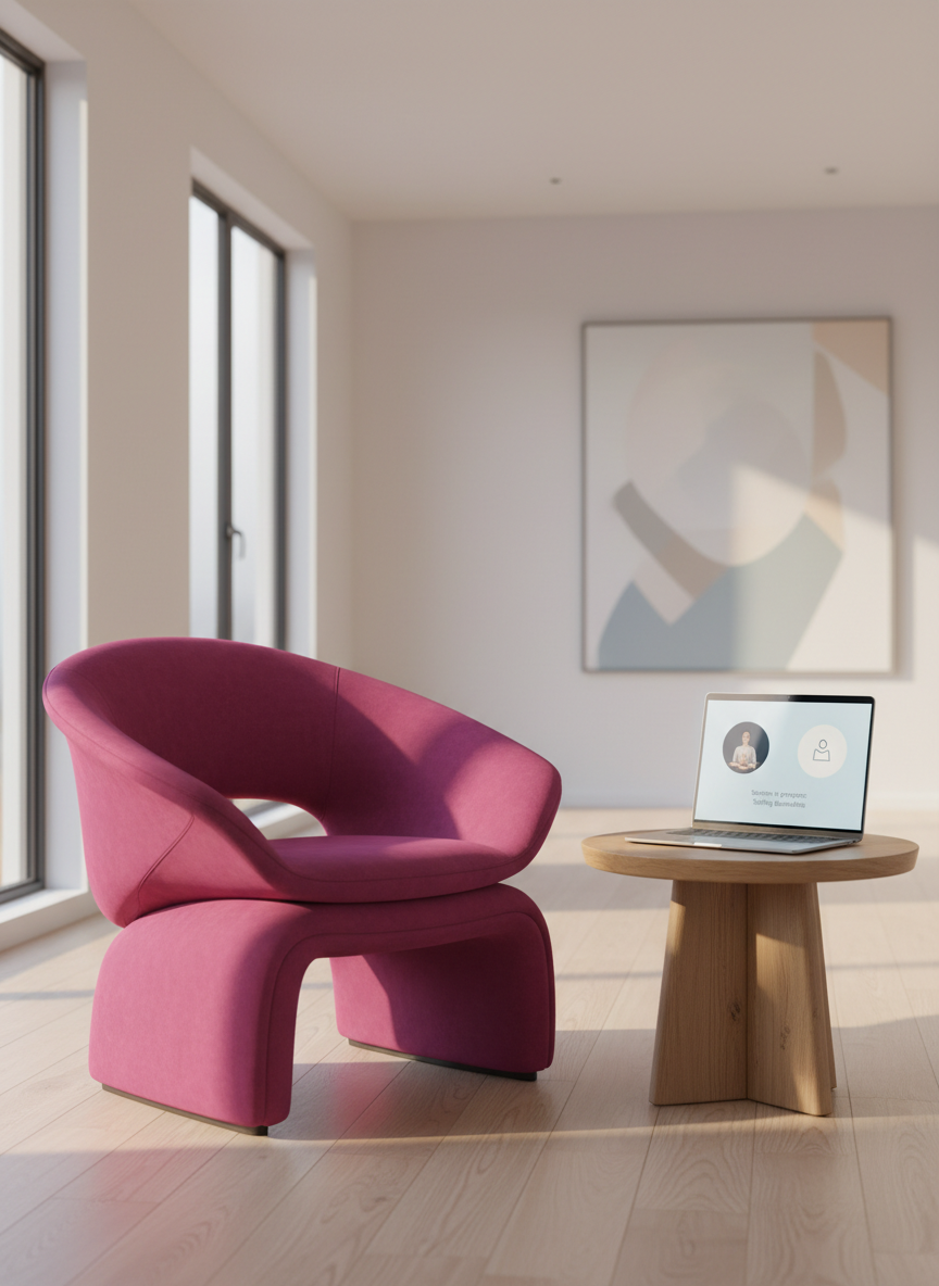 A striking magenta armchair with bold, sculpted lines and a velvet-like texture sits slightly off-center in a modern, uncluttered living room. The chair faces a large laptop resting on a clean oak side table, its screen glowing softly with a minimalist interface hinting at an online therapy session. Soft afternoon light from a tall window in the background washes the scene in a warm, reassuring glow, creating gentle shadows under the chair. The mood is confident yet welcoming, suggesting a safe space for boundaries and growth. Photographic realism, eye-level composition, with a shallow depth of field that keeps the chair and laptop in crisp focus while the background softly blurs.