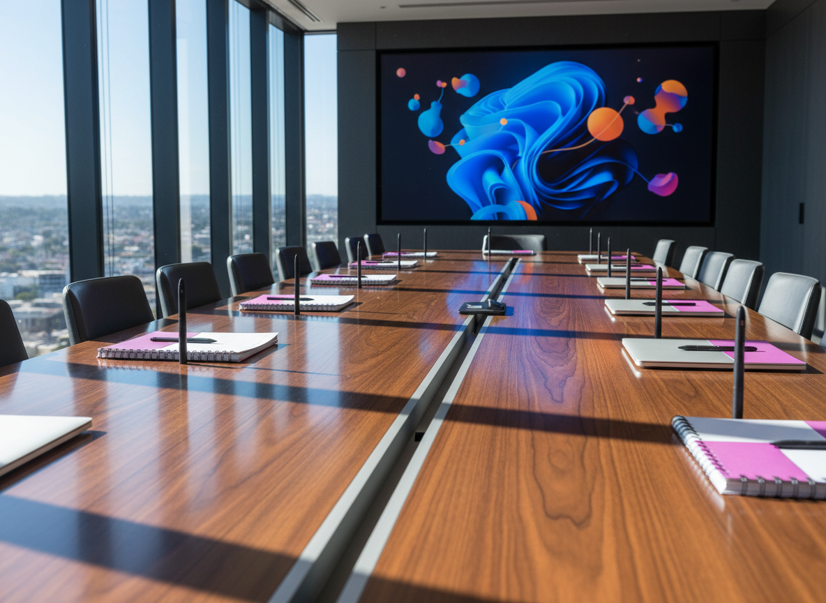A long, sleek conference table in a bright, contemporary room is dotted with evenly spaced magenta notebooks and closed laptops, each paired with a single, upright pen. At the far end, a large wall-mounted screen displays abstract, colorful shapes suggesting a virtual workshop interface without showing any people or text. Floor-to-ceiling windows on one side reveal a soft-focus urban skyline, evoking Melbourne without explicit landmarks. Midday natural light fills the space, reflecting off the glossy tabletop and creating subtle, rhythmic highlights. The mood is energetic and forward-looking, hinting at upcoming group workshops on confidence and boundaries. Photographic realism, wide-angle lens, with strong leading lines drawing the eye toward the screen.