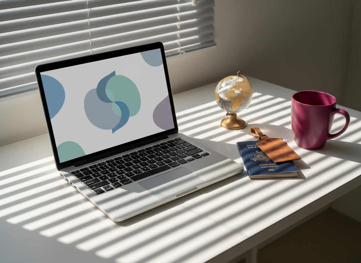 An open laptop on a minimalist white desk shows an abstract, non-text interface of a video call, rendered as soothing geometric shapes instead of faces. Beside it, a passport, a worn leather travel tag, and a small globe with Australia highlighted subtly hint at expat life and distance from home. Late morning natural light pours in through venetian blinds, casting precise, linear shadows across the desk, reinforcing themes of structure and boundaries. A magenta ceramic mug anchors the scene with bold color. Photographic realism, shot from a slightly elevated angle, with crisp focus and a clean, modern aesthetic that conveys clarity, support, and confidence in navigating life abroad through online psychotherapy.